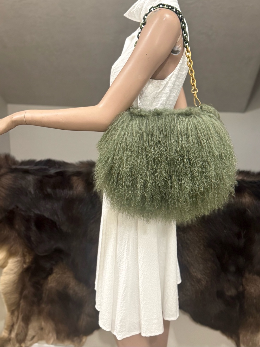 Moss Green Mongolian Lamb Fur Handcrafted Boho Handbag, with 2 Straps Style